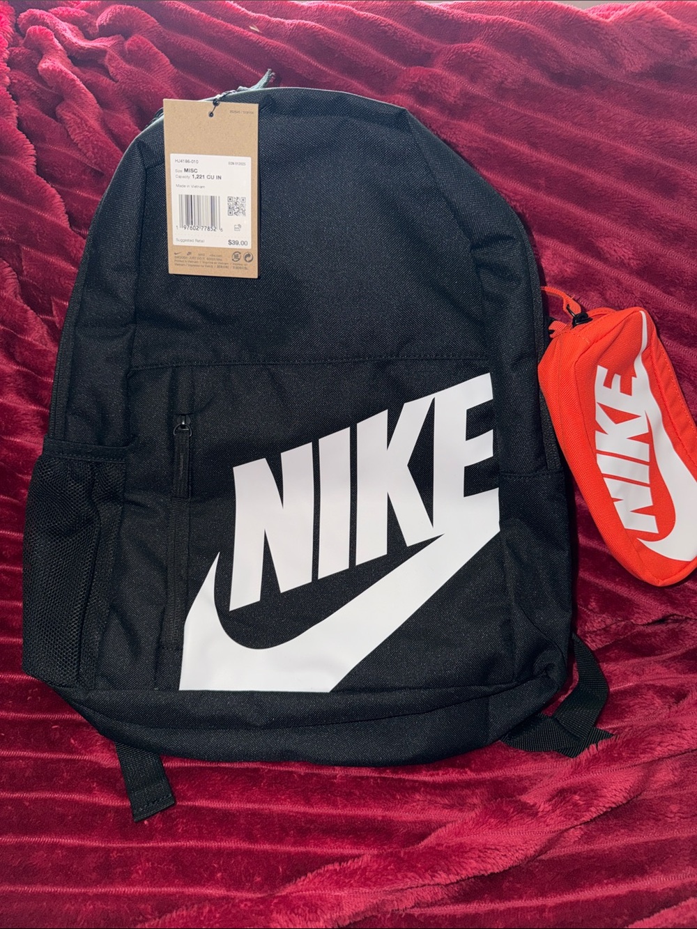 Nike Black Backpack with White Logo and Orange Pouch